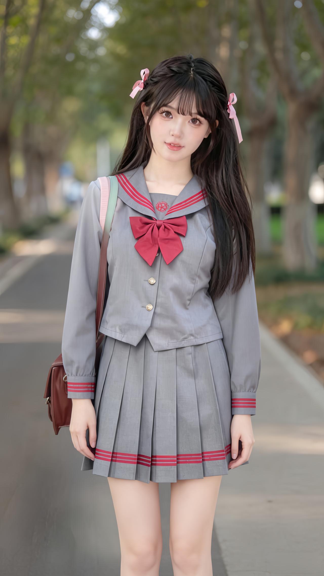 穿搭风格:清甜雅致学院风
 
少女身着正统校供感水手服JK套装，走清甜雅致的学院