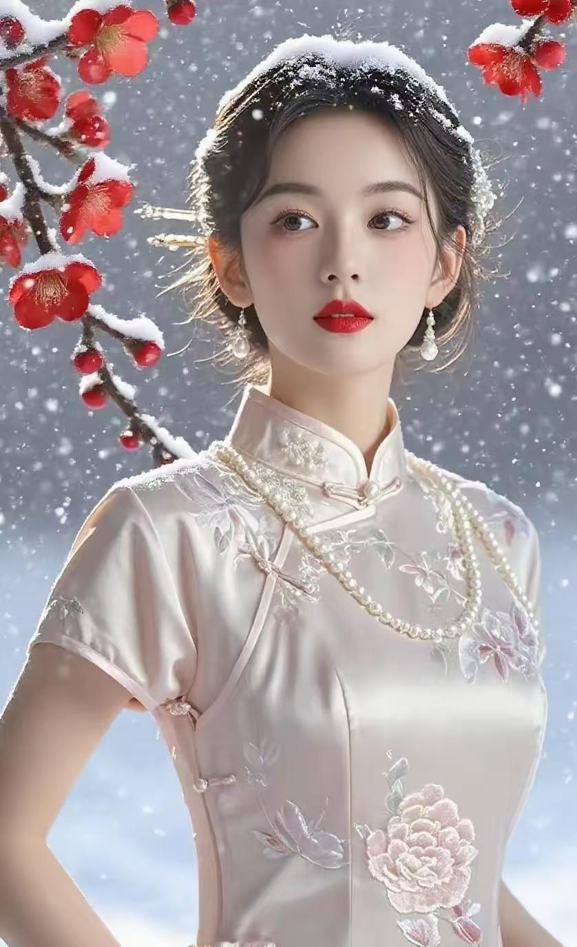 天净沙·雪梅旗袍佳人
雪梅枝上镶红，
旗袍轻裹情浓。
眸蕴清姿韵融。
朔风心动，