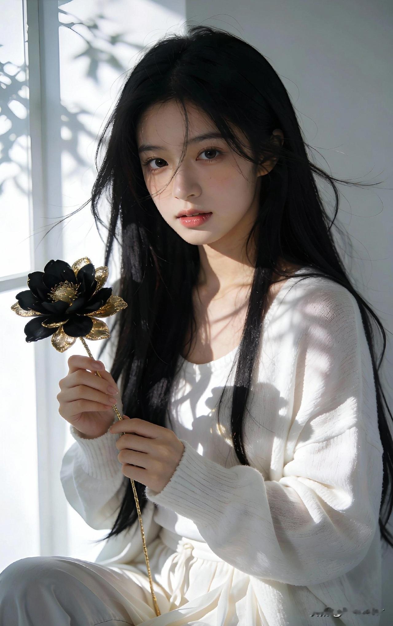 黑发少女手捧黑金花，静谧时光里的温柔瞬间