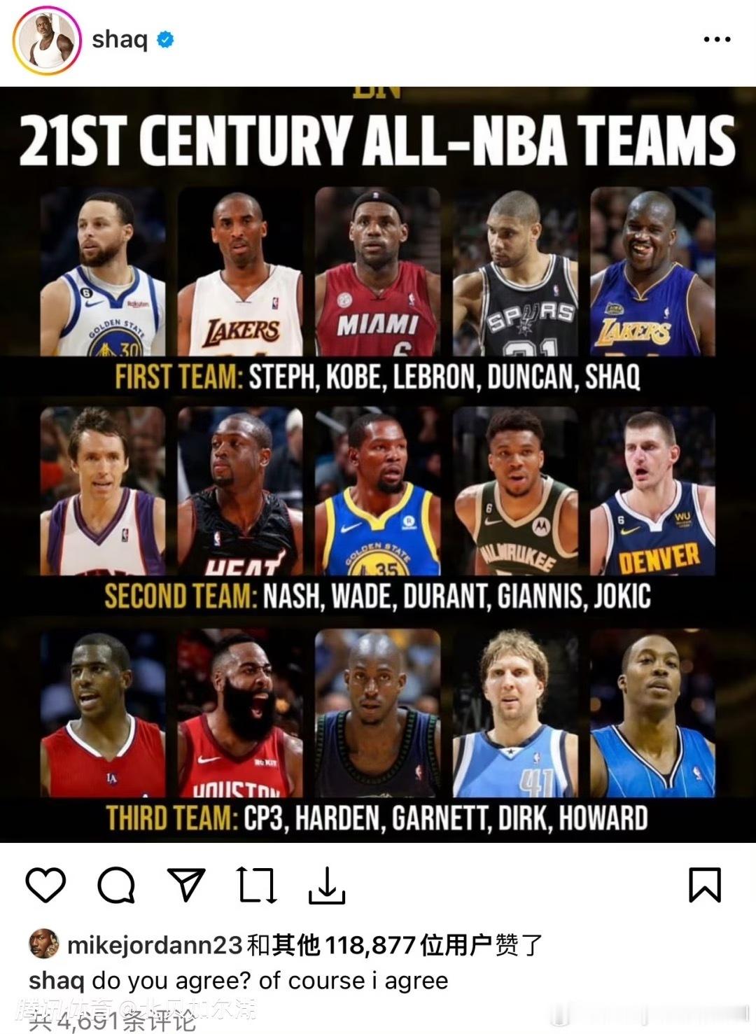 奥尼尔问粉丝：21世纪至今NBA最佳一阵二阵三阵，赞成还是反对？ ​​​