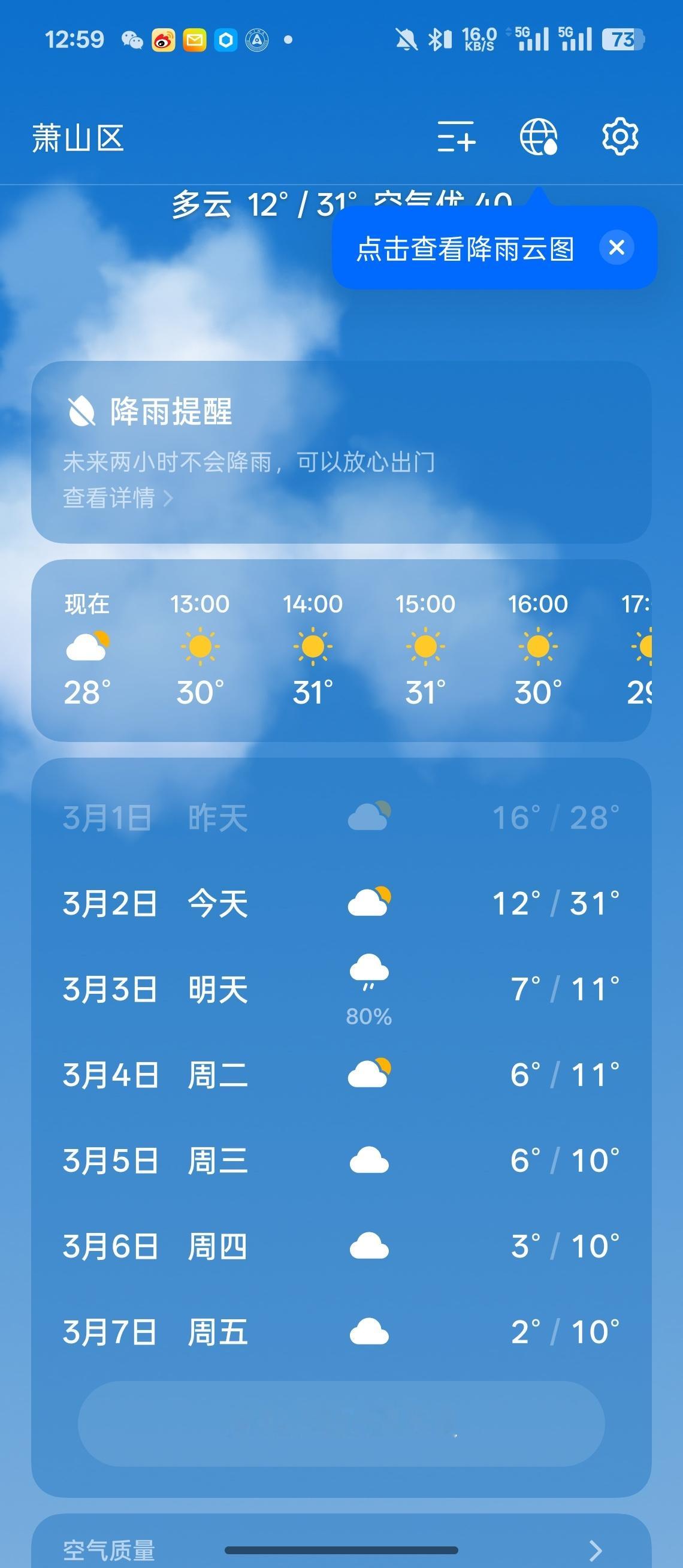 杭州温度满30减20 太形象了[笑cry]昨天和今天连续升温，现在我已经穿短袖了