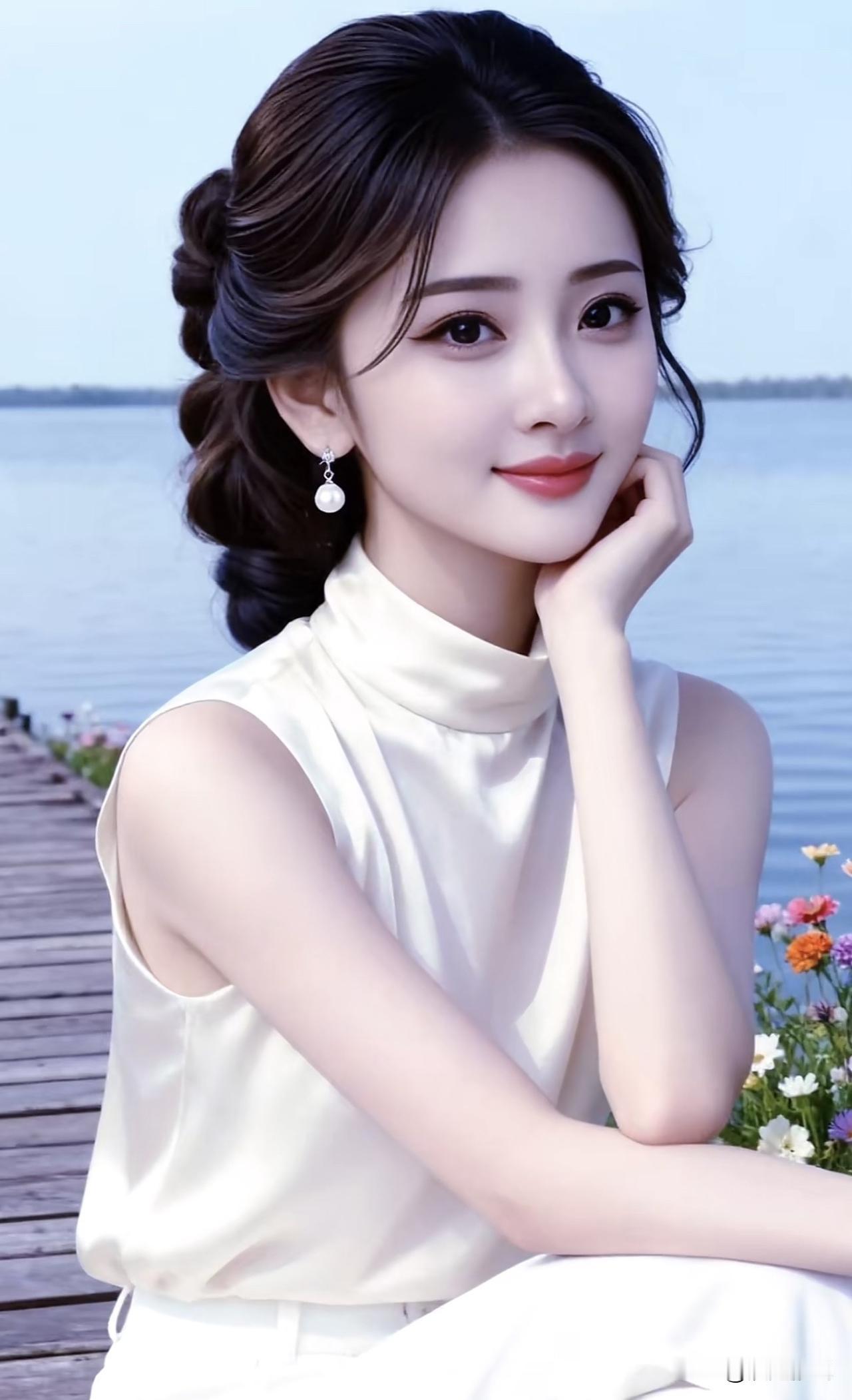 湖畔美人倚，花影映清辉。水光花影照 湖边美人景 湖畔气质照 湖边美人景 湖畔气质