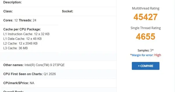 性能超預期！Intel純大核旗艦酷睿9 273PQE跑分：可惜不零售