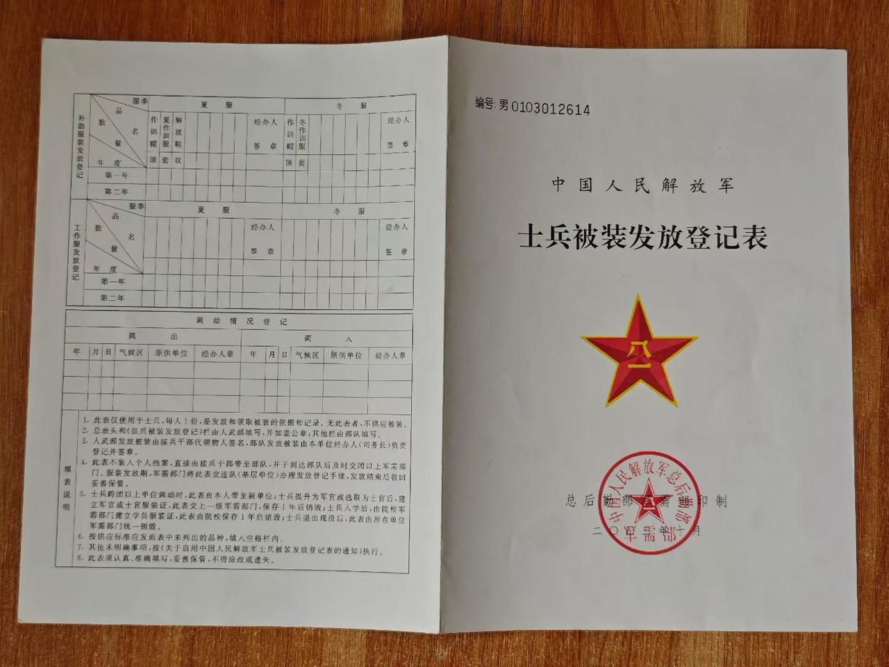 2003年中国人民解放军士兵被装发放登记表