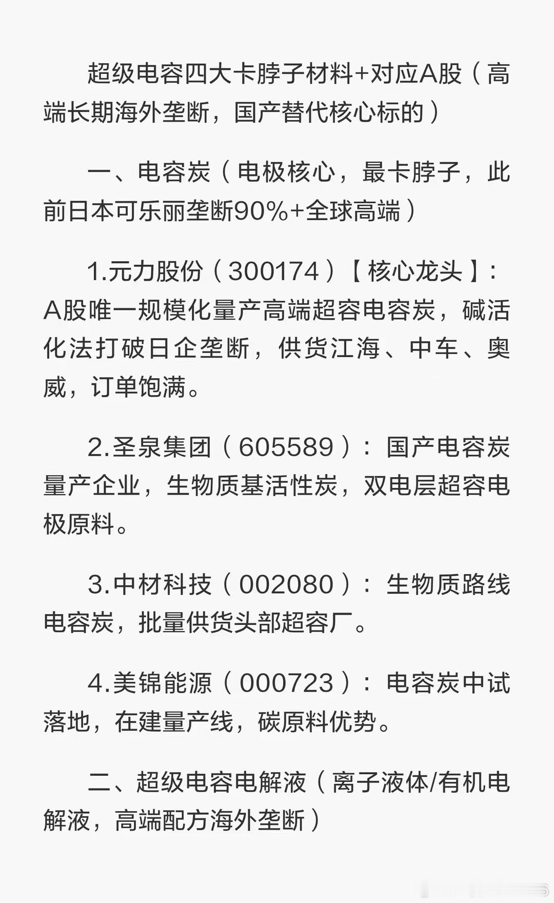 超级电容超级电容四大卡脖子材料+对应A股（高端长期海外垄断，国产替代核心标的） 