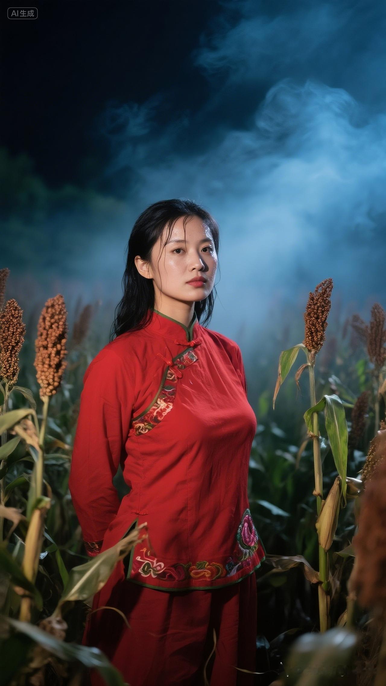 夜色中的红衣少女，在田野中绽放如花！