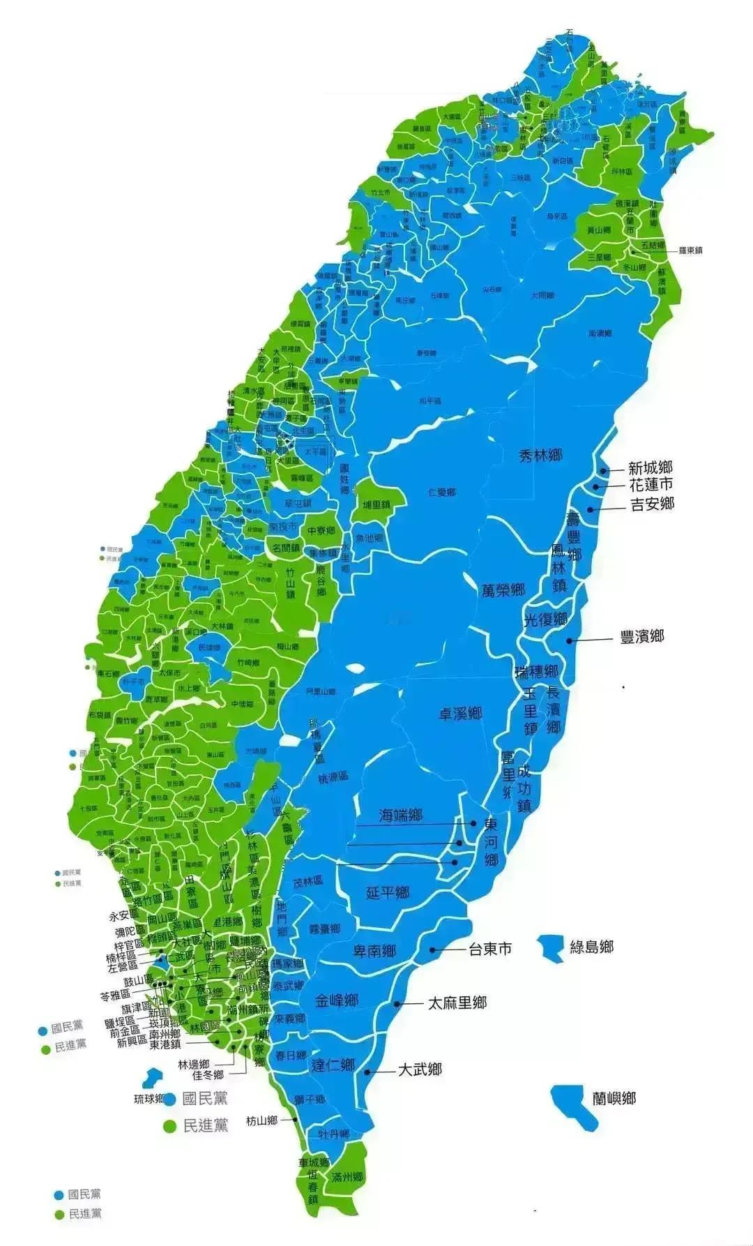记住这张图吧，台湾蓝绿的地区支持图。可以直接转化成将来收台时火力覆盖的一个参考数