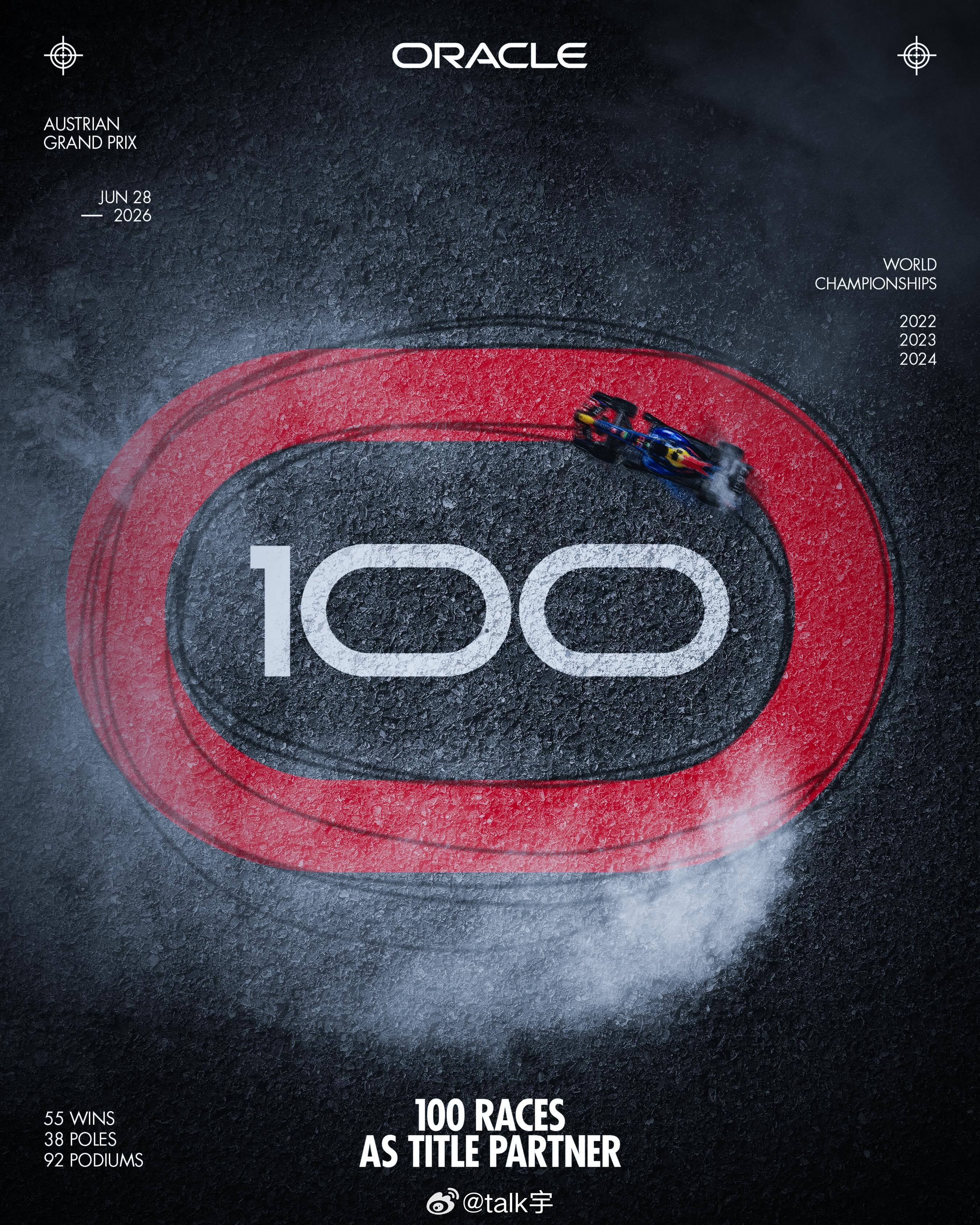 本场也是甲骨文冠名红牛车队的第100场F12026f1奥地利大奖赛