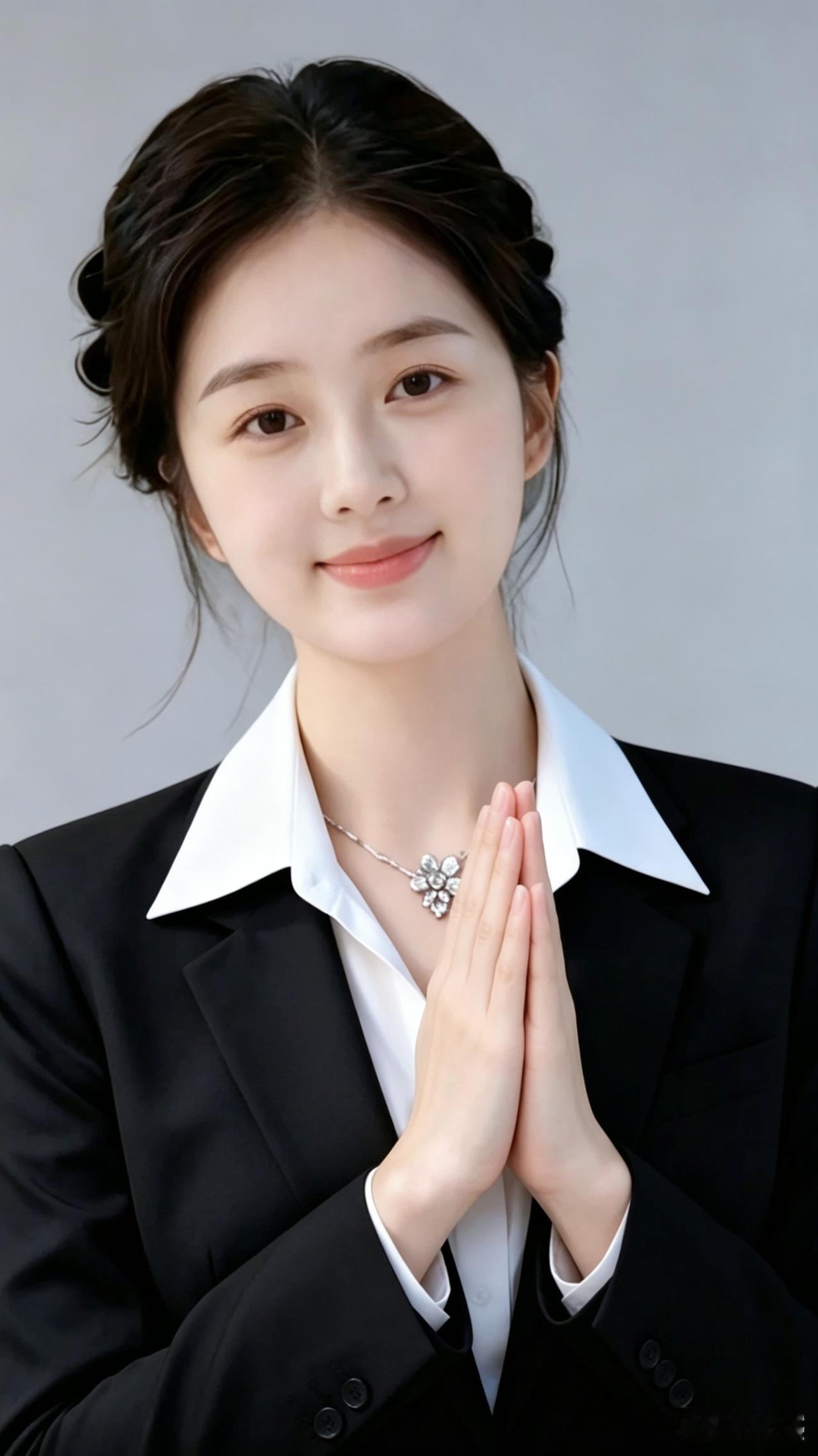 职场佳人
一袭黑装衬白衫，
干练风姿惹人怜。
双手合十含浅笑，
温婉大方气质妍。