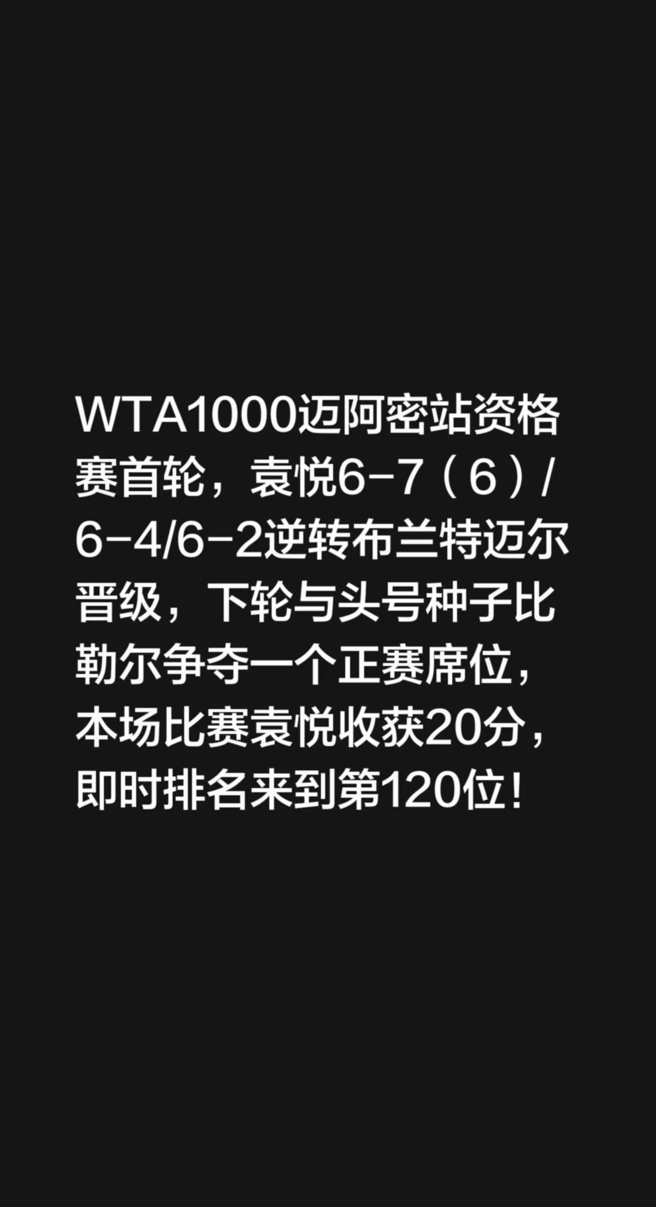 WTA1000迈阿密站资格赛首轮，袁悦6-7（6）/6-4/6-2逆转布兰特迈尔