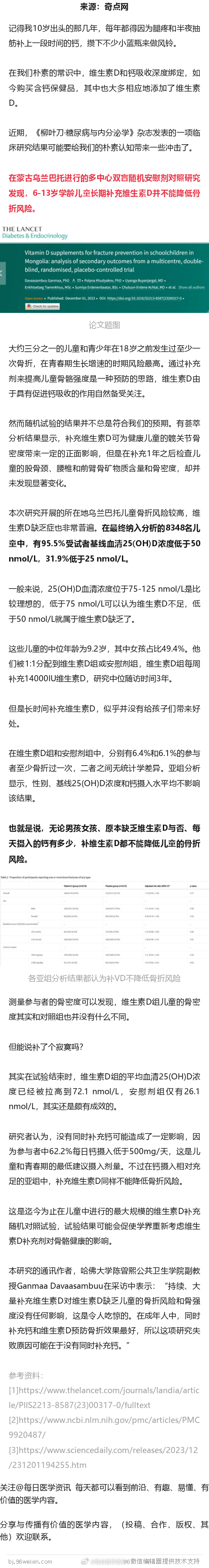 《柳叶刀》子刊：迄今最大规模临床试验发现，单独补充维生素D不能降低儿童的骨折风险