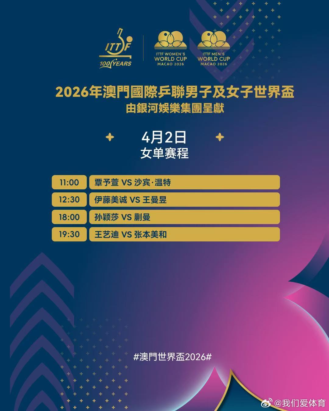 澳门世界杯2026 4月2日赛程。中国乒乓球梦之队