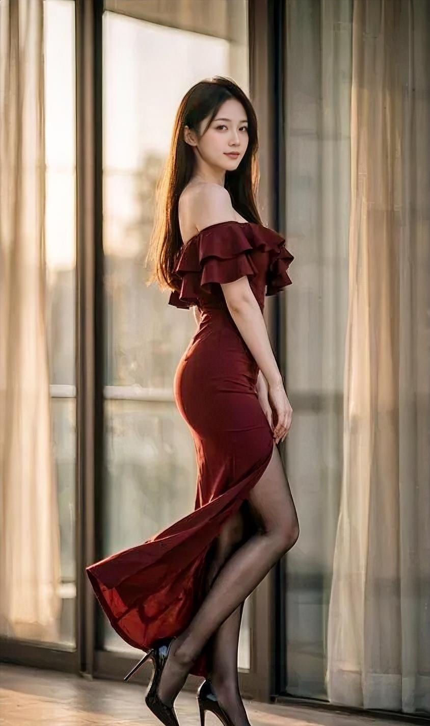 《<落日余晖的红裙>》

酒红荷叶边，轻露香肩的温婉，

长裙开衩，随风扬起诗意