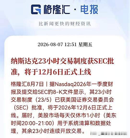 炸裂重磅消息！纳斯达克23小时交易制度拿到SEC批准，12月6日正式落地，每日仅
