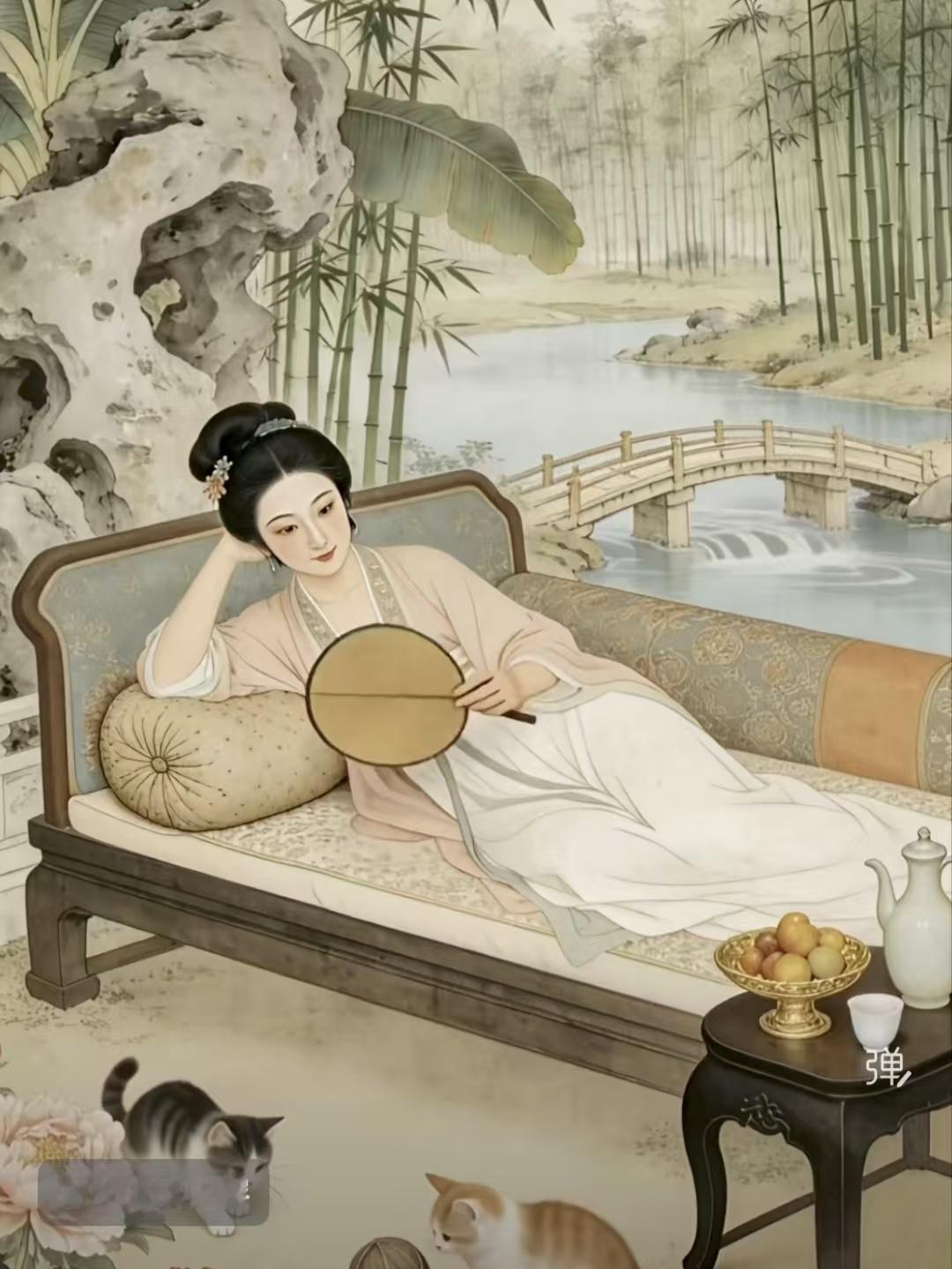 清江引·秋闺
绿荫半掩红粉妆，
纨扇摇清响。
蕉心未肯舒，
秋思随斜照，
软榻静