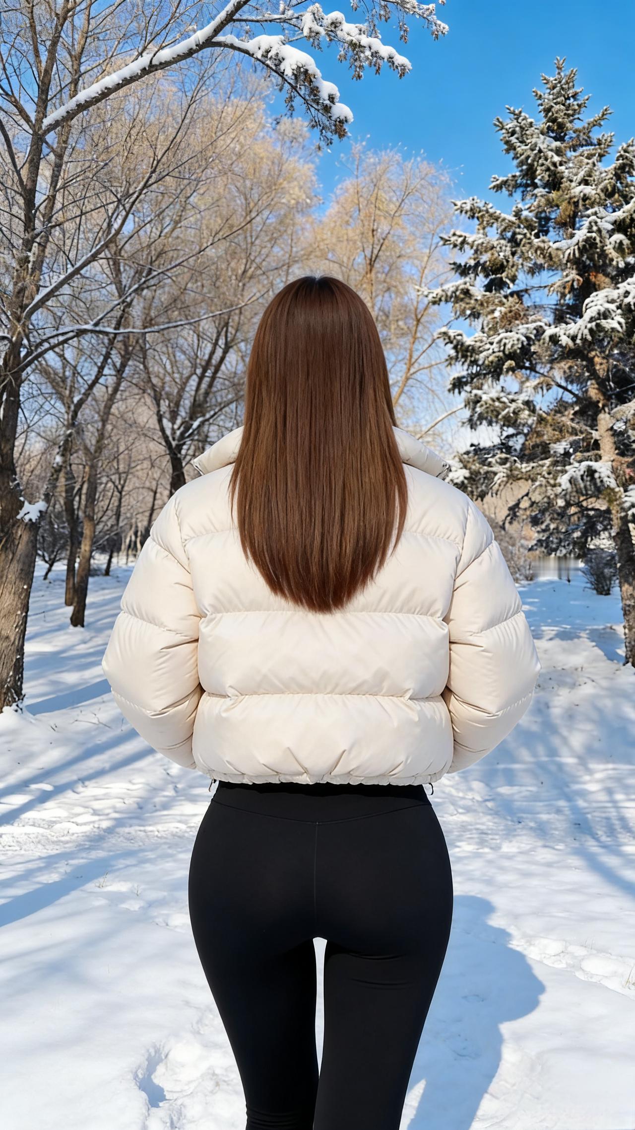 冷气流淌成树的纹路
雪落在松针上，结出细碎的冰花
她的肩线抵着冬的凛冽
羽绒服的