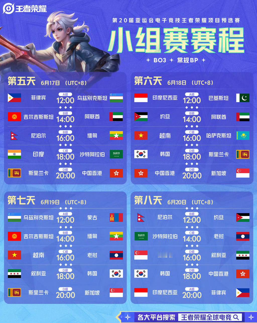 第20届亚运会电子竞技王者荣耀项目预选赛✨小组赛赛程2026王者荣耀亚运项目