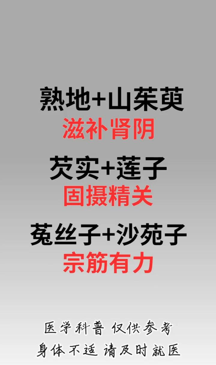 熟地+山茱萸滋补肾阴。
·芡实+莲子固摄精关。
·菟丝子+沙苑子宗筋有力。
表现