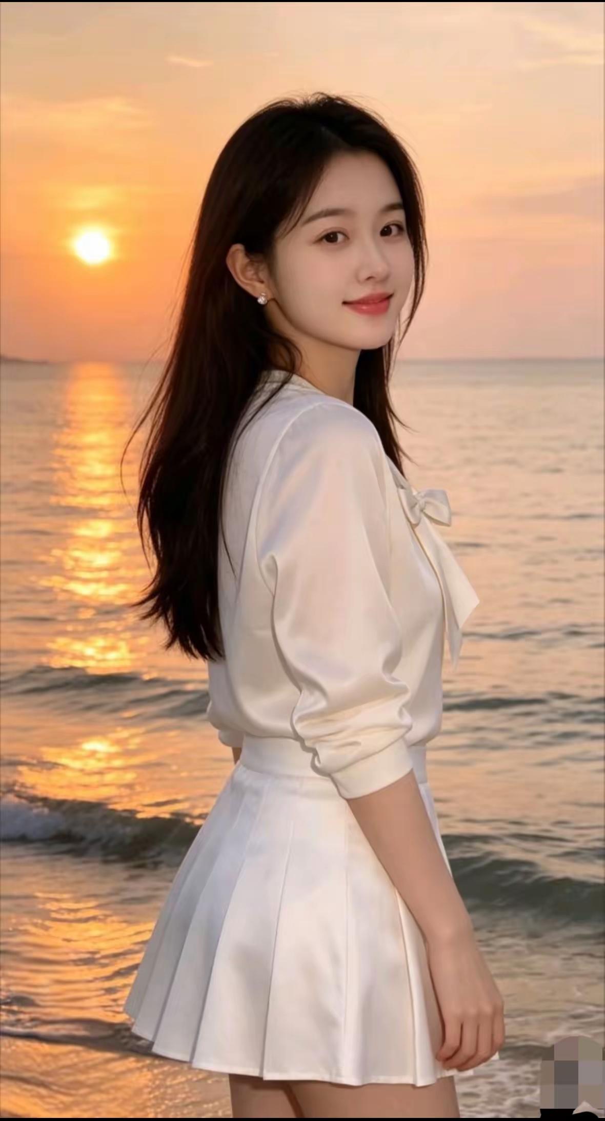 夕阳下，她微笑着看向大海。