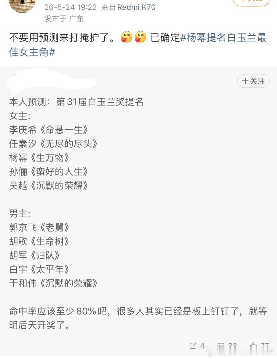 已确定提名白玉兰最佳女主角了 