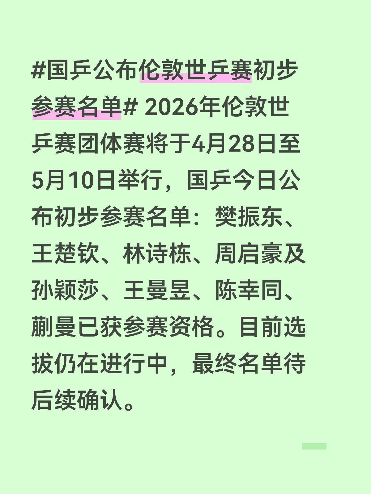 国乒公布伦敦世乒赛初步参赛名单2026年伦敦世乒赛团体赛将于4月28日至5月10