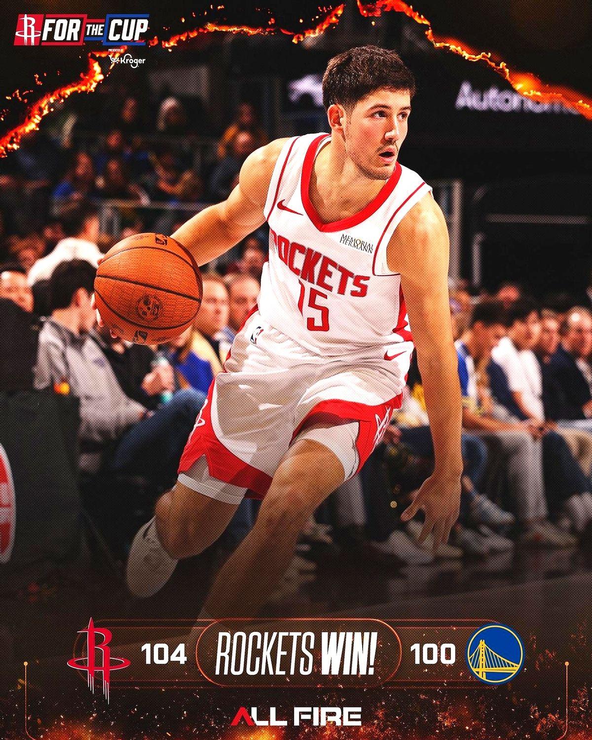 火箭今天真解气！落后14分反超勇士，104比100赢了——之前传的“勇士血脉压制