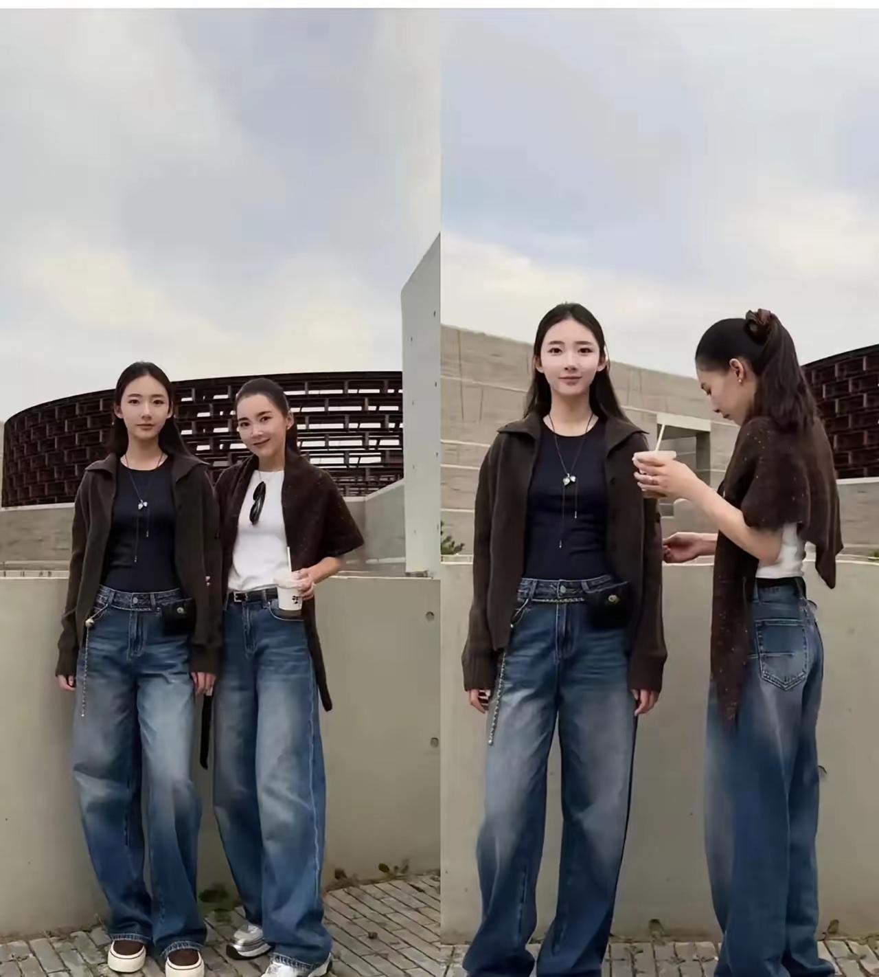 这是一对母女看着年龄差不多是吧，大家猜一猜那一个妈妈 ，那一个女儿，你觉得是妈妈