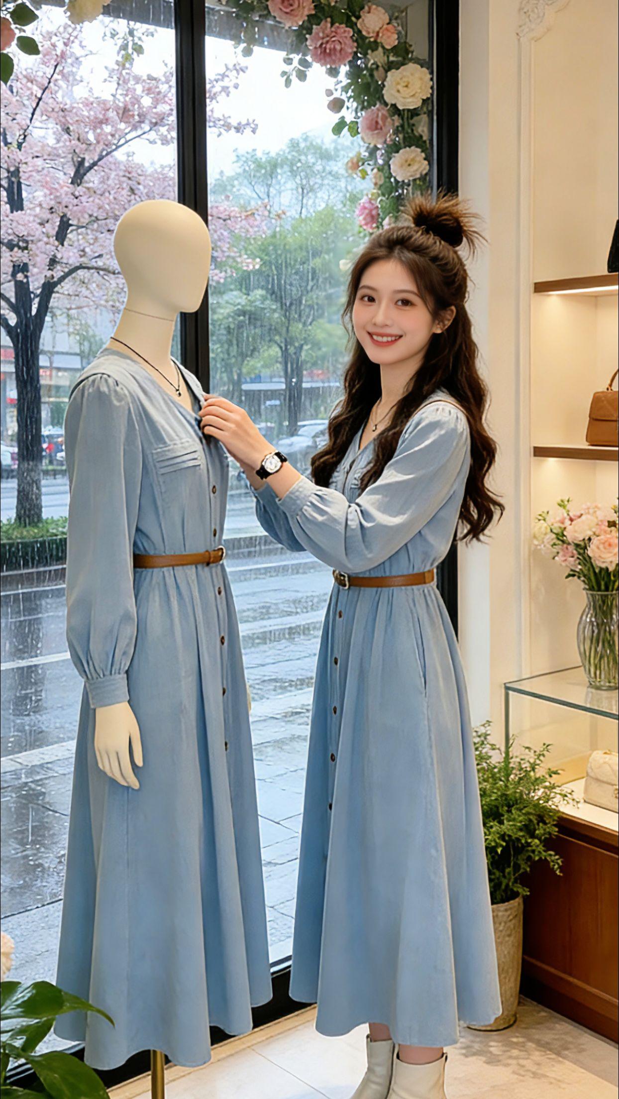 Danny在橱窗边轻触同款蓝裙，V领勾勒锁骨线条，纽扣排开如春日诗行，收腰设计衬
