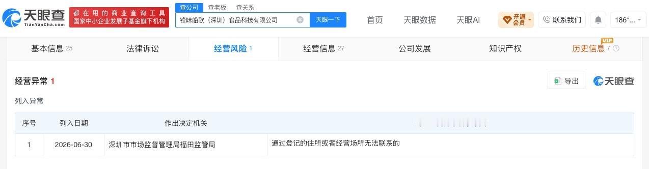 谢霆锋任职公司经营异常
天眼查经营风险信息显示，近日，锋味船歌（深圳）食品科技有