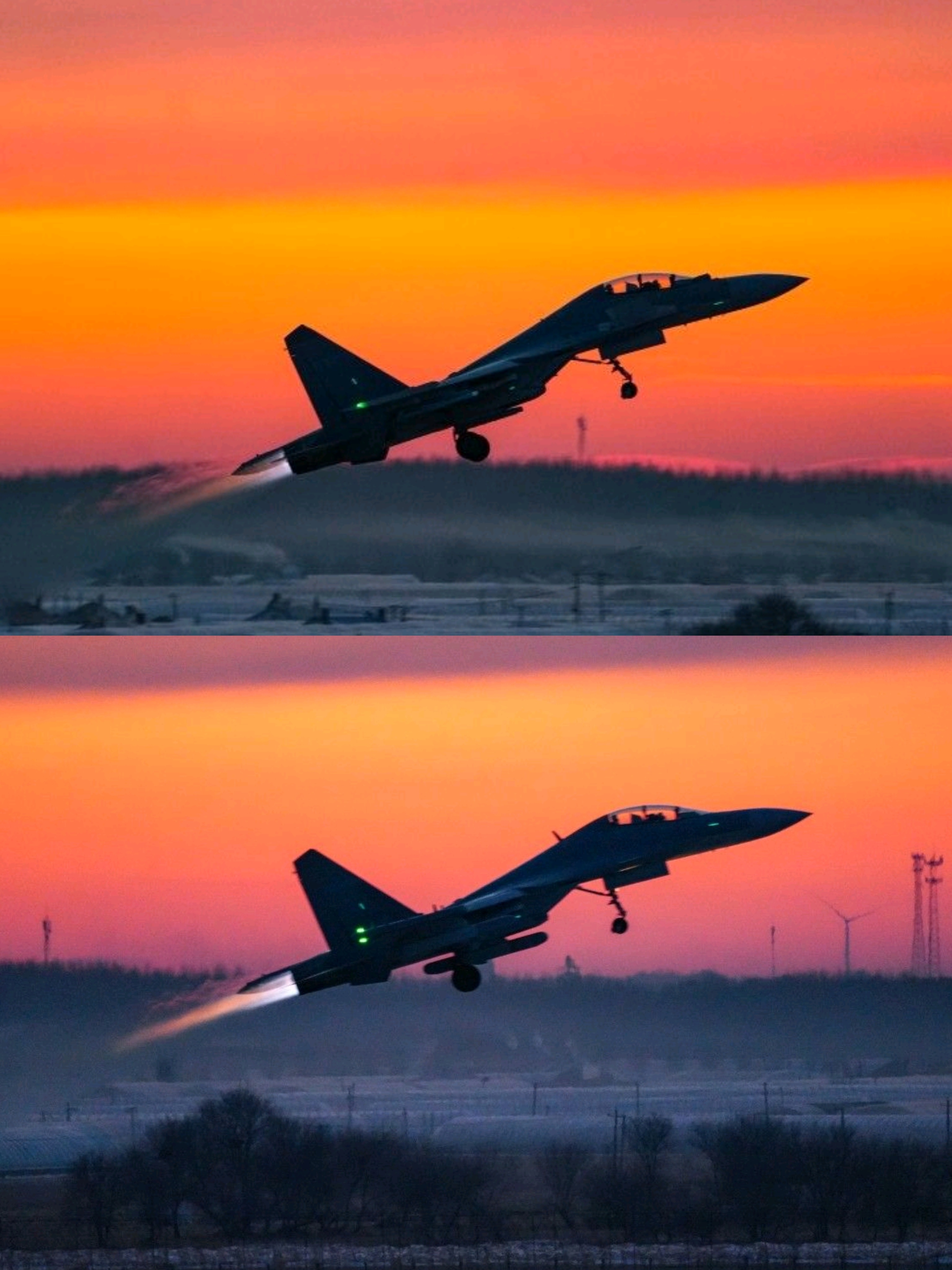 歼-16 / 歼-16D同角度起飞对比邂逅霞光 烽火问鼎计划制胜空天