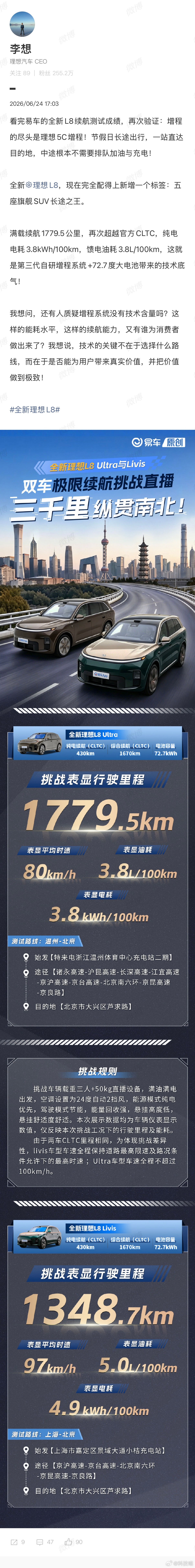 理想汽车老板说了，易车全新L8续航测试再次验证：增程的尽头是理想5C增程！ 