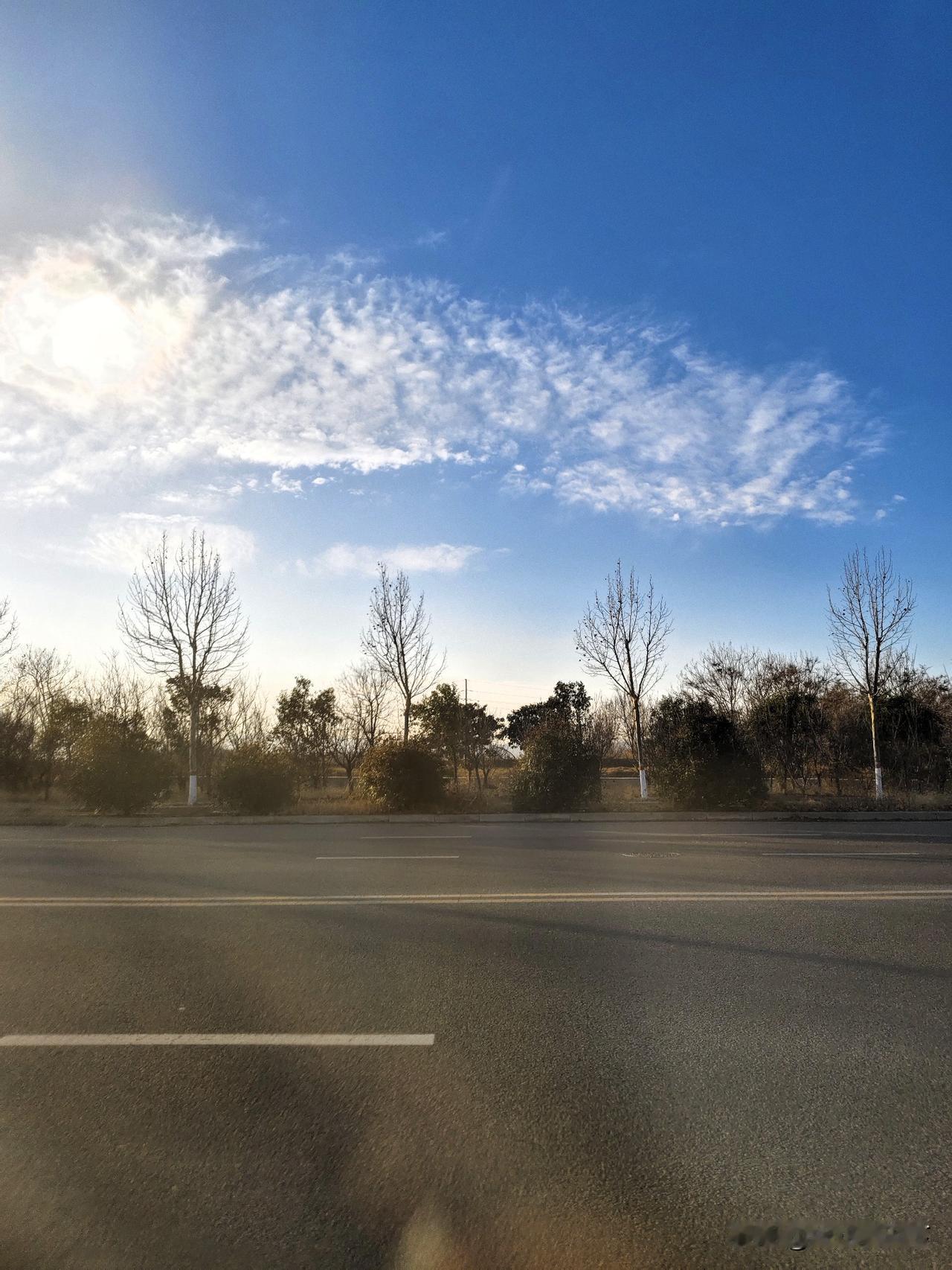冬日的午后，车行在路上，一抬眼便撞进这片澄澈的蓝。天空像被水洗过般干净，大朵的卷