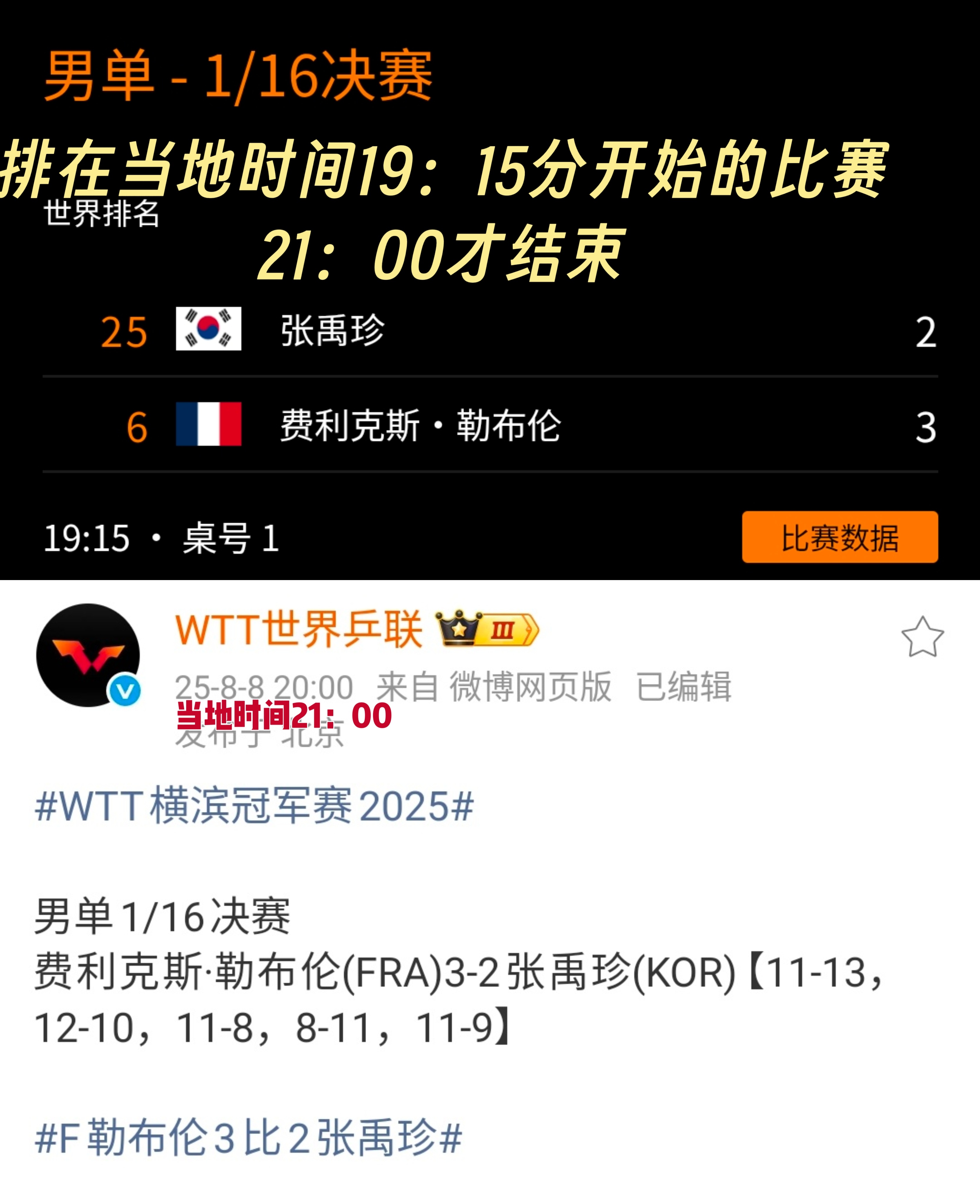 wtt横滨冠军赛2025 排在当地时间19：15开始的比赛拖台到21：00才刚结