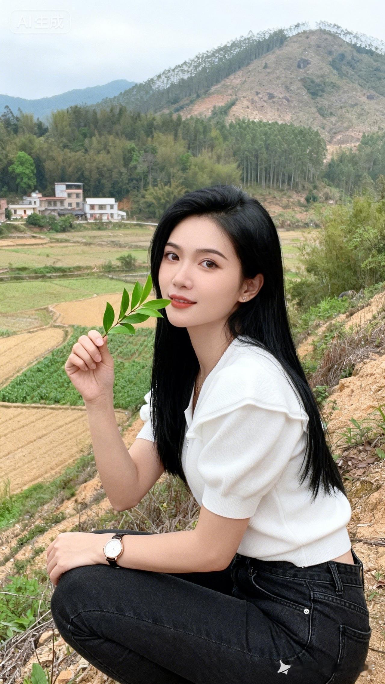 山间小仙女，手捧绿叶，清新自然！