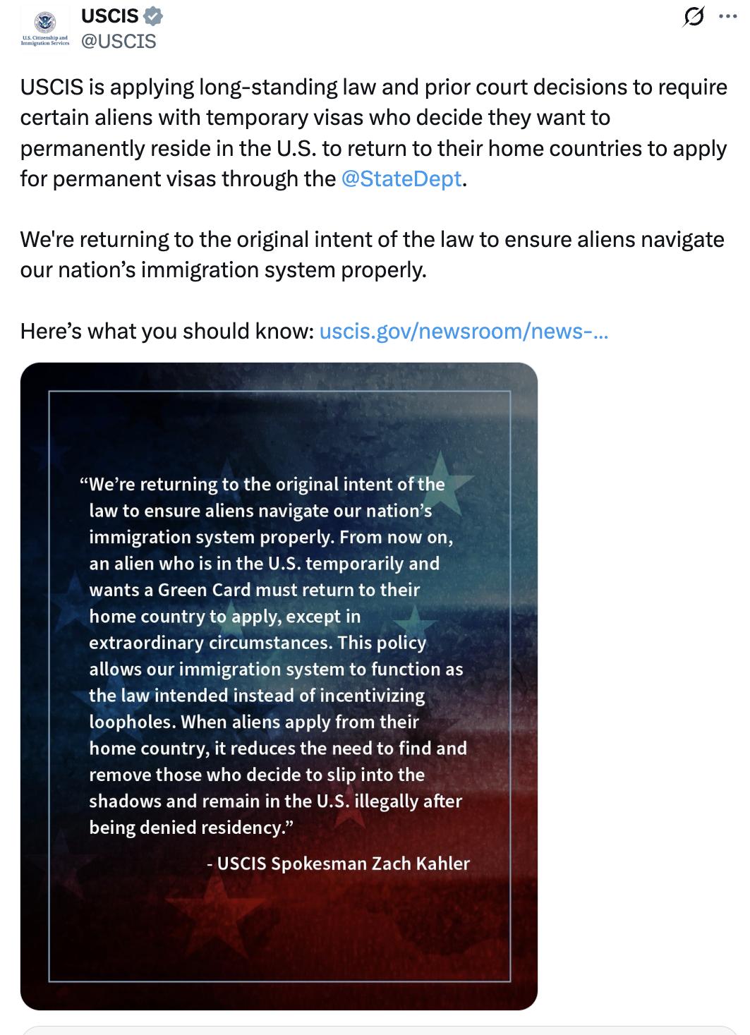 【美国的移民政策变天了？】
USCIS 今天发布的新政策：
在美国境内持临时身份