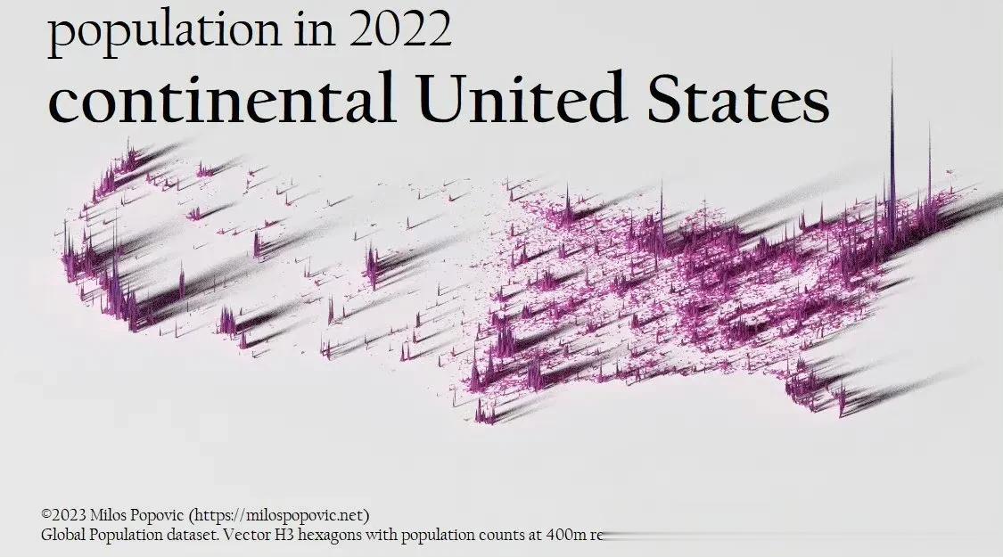 美国2022年的人口密度图，2022年美国人口是3.32亿。 ​[灵光一闪]