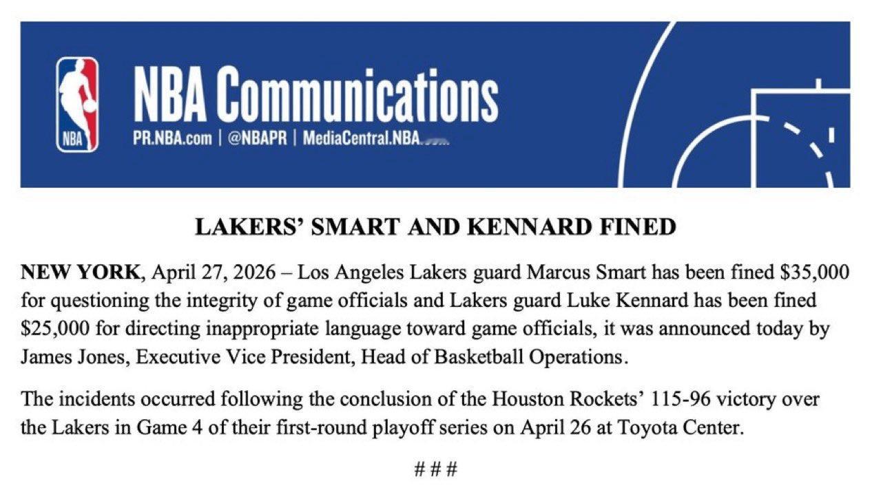 白冰回应偷税被查罚！罚！罚！斯马特因质疑裁判被罚35000美元，肯纳德因不当言辞