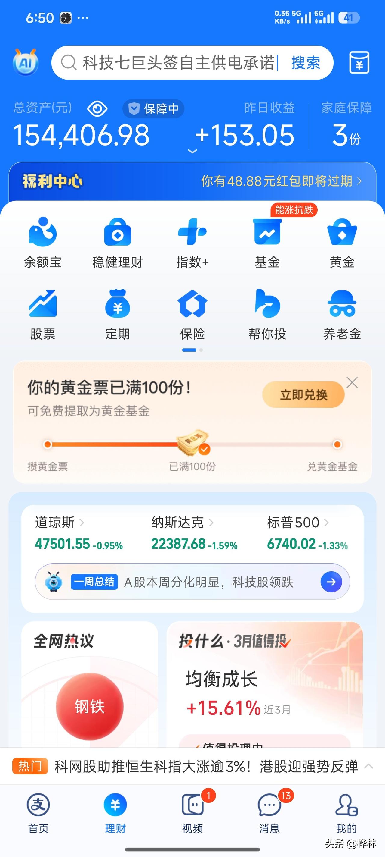 工薪阶层用支付宝买基金，昨天小赚150。
昨天涨得最多的，在我的自选里面，应该是