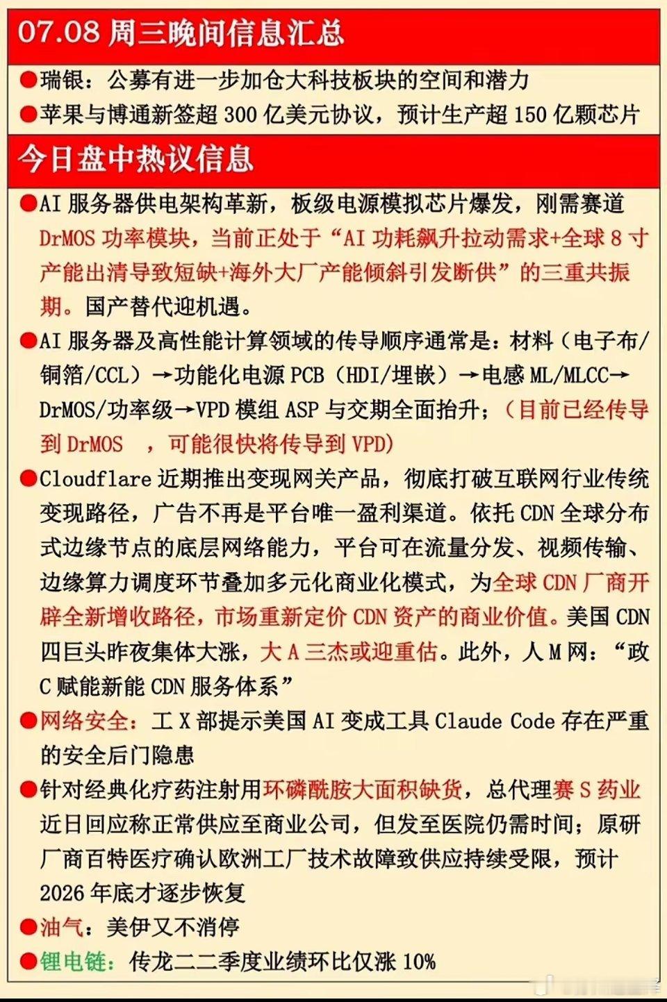 7月8日周三晚间信息速递！AI芯片爆发，CDN迎来重估，这波科技红利别错过呀～周