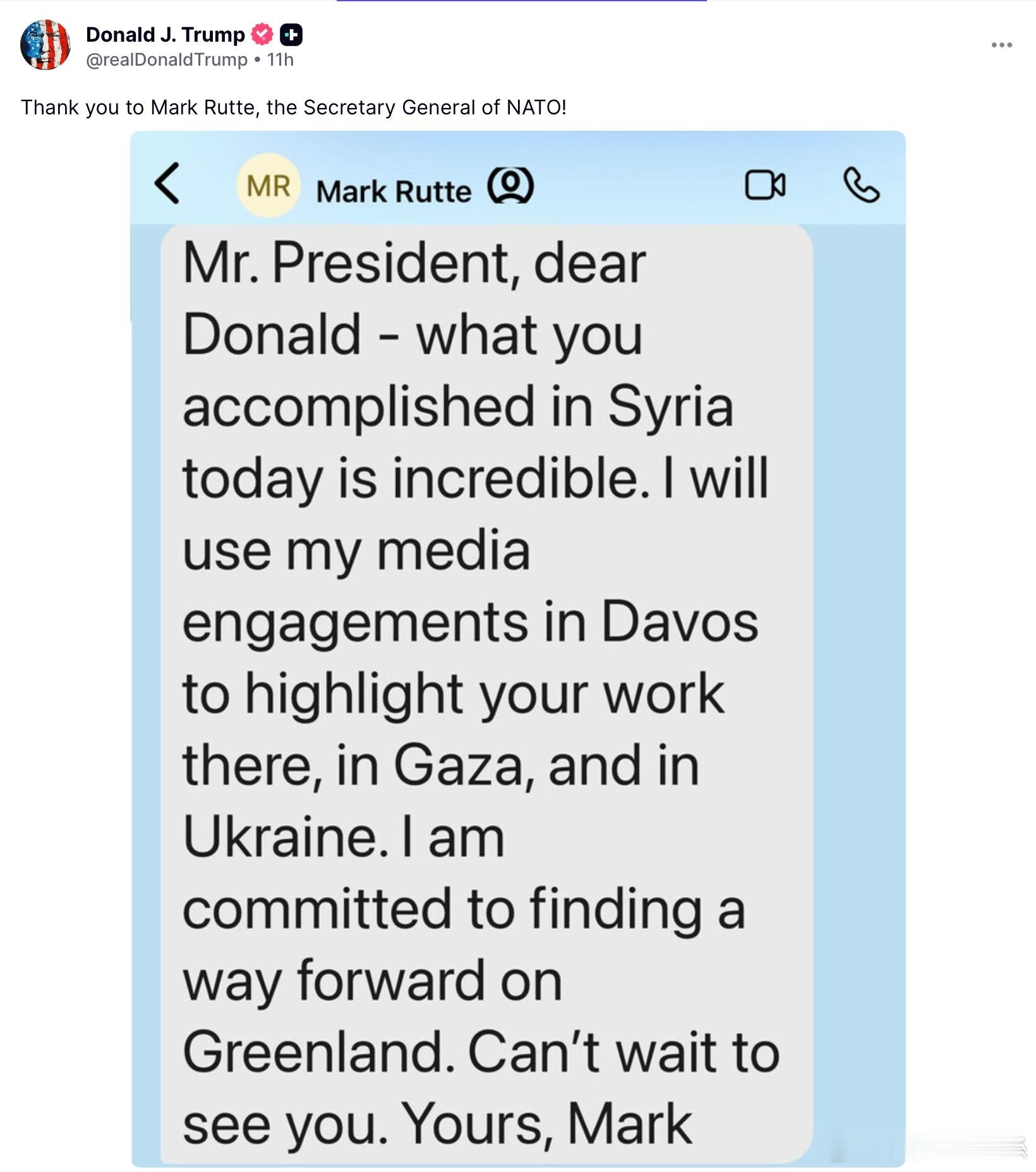 川普：感謝北約秘書長馬克‧呂特！北約秘書長馬克‧呂特馬克·呂特：總統先生，親愛的