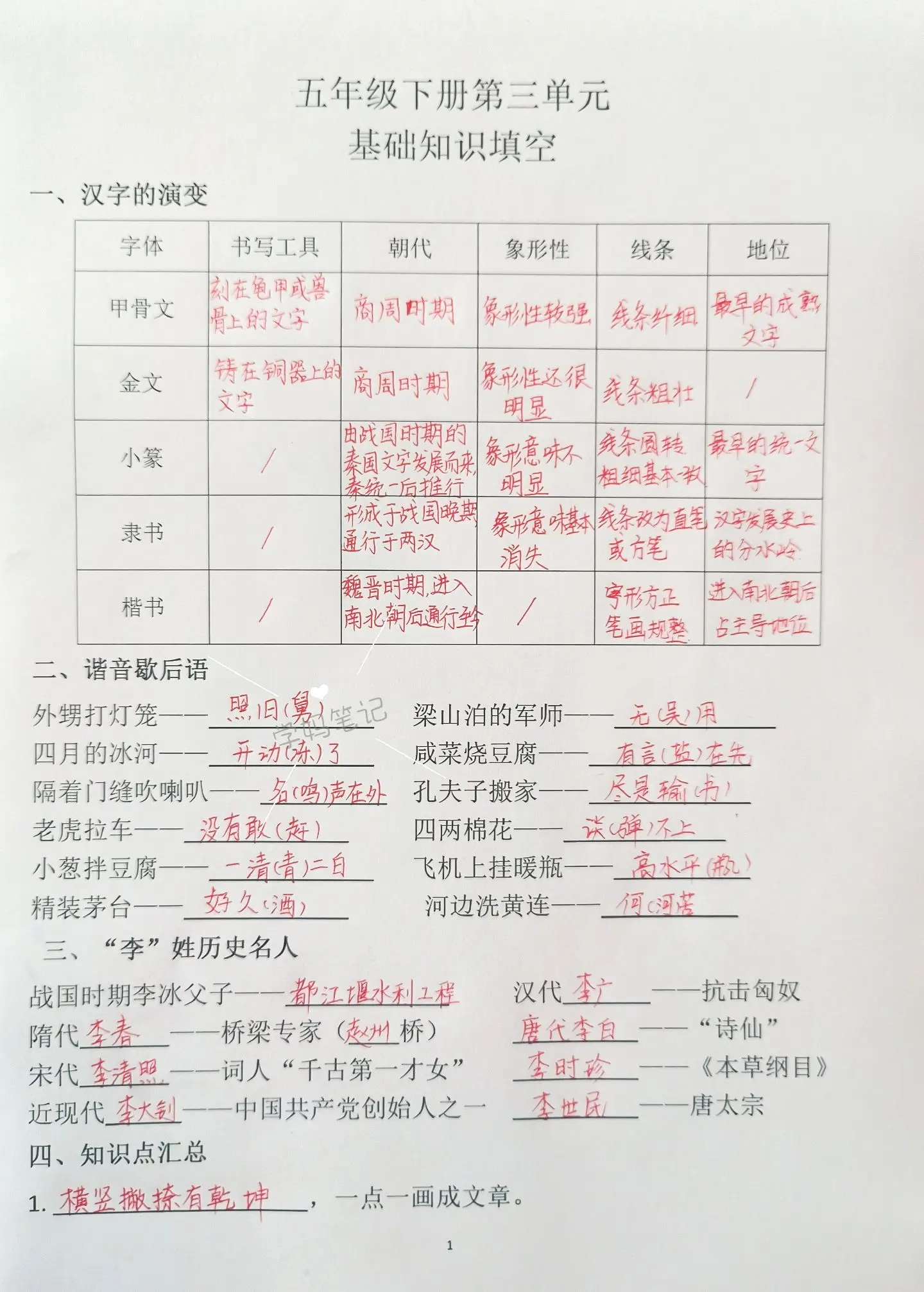 五下语文第三单元基础知识填空。第三单元是综合应用，有关汉字的相关知识，涉及汉字演变，字谜，谐音歇后语，相关研究报告等，给孩子整理了相关基础知识供参考。