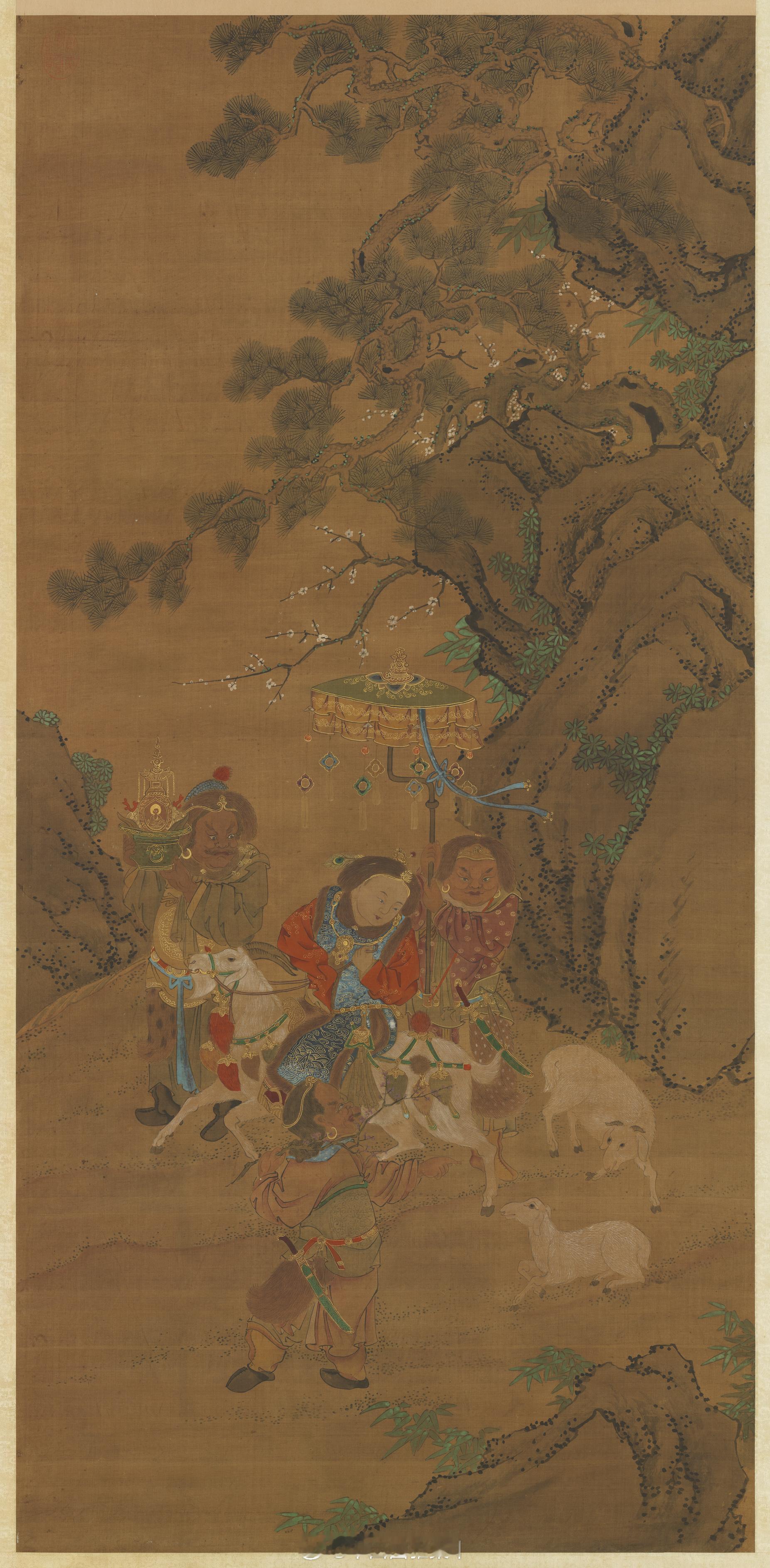 元人画冬景戏婴图　轴四名孩童相聚玩耍，一人骑羊，三人扮胡人相貌，掌盖、捧佛、携梅