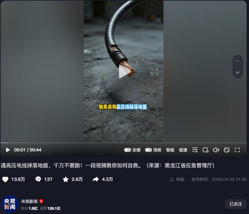 如果遇到高压线掉落地面，千万不要撒腿就跑！你下意识的逃生动作，反而会把自己推入致