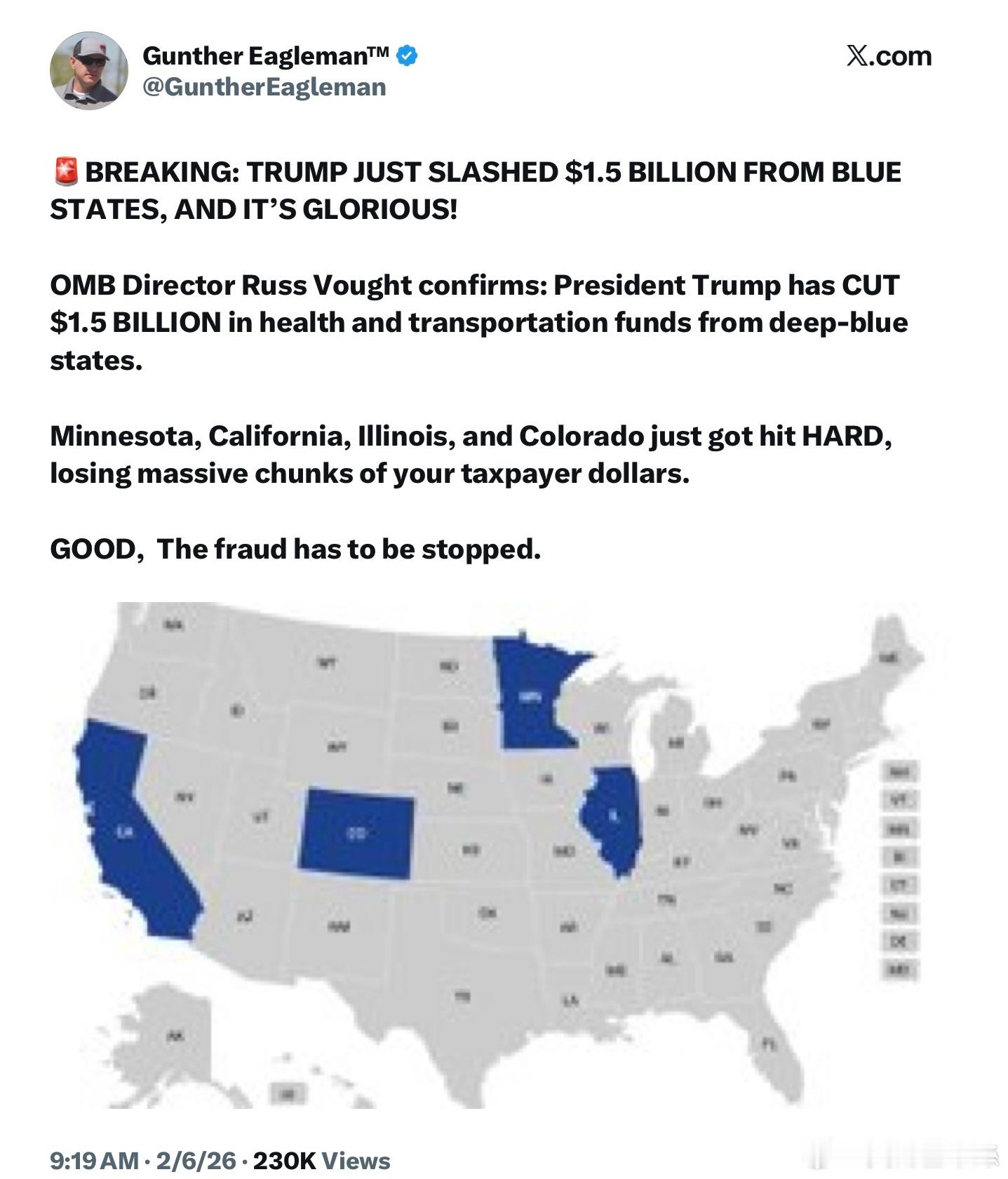 川普政府剛剛削減了對四個深藍州的15億美元撥款，真是大快人心！白宮管理和預算辦公