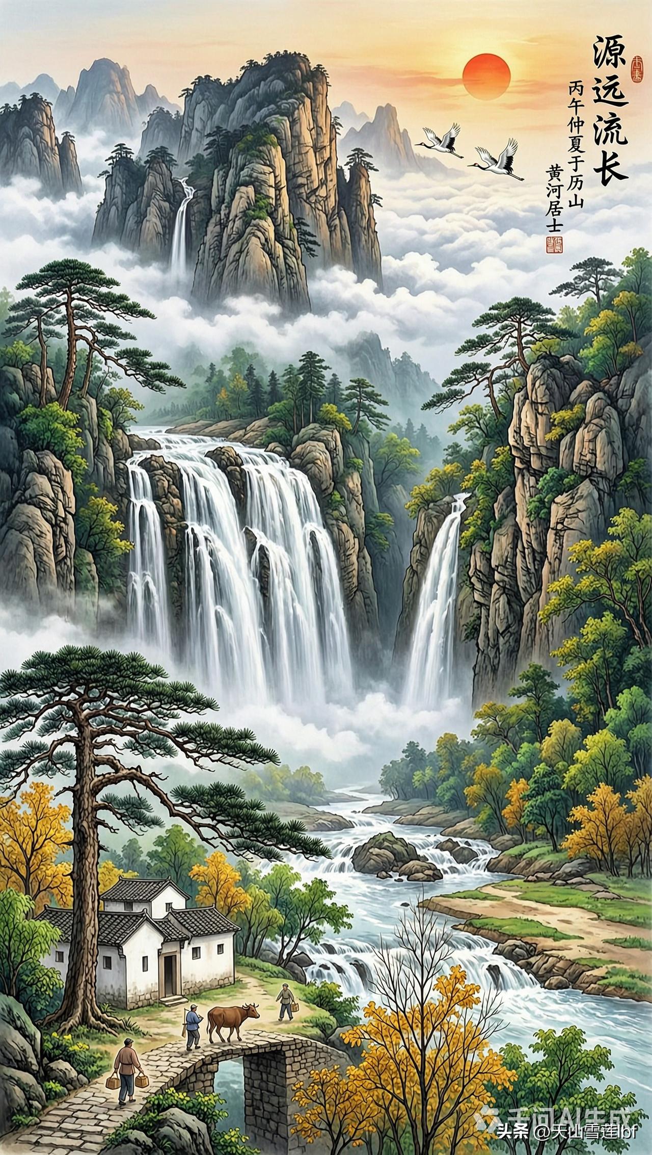 山水画《源远流长》中华民族源远流长，新中国建立靠先烈百年奋斗，不忘初心，牢记使命