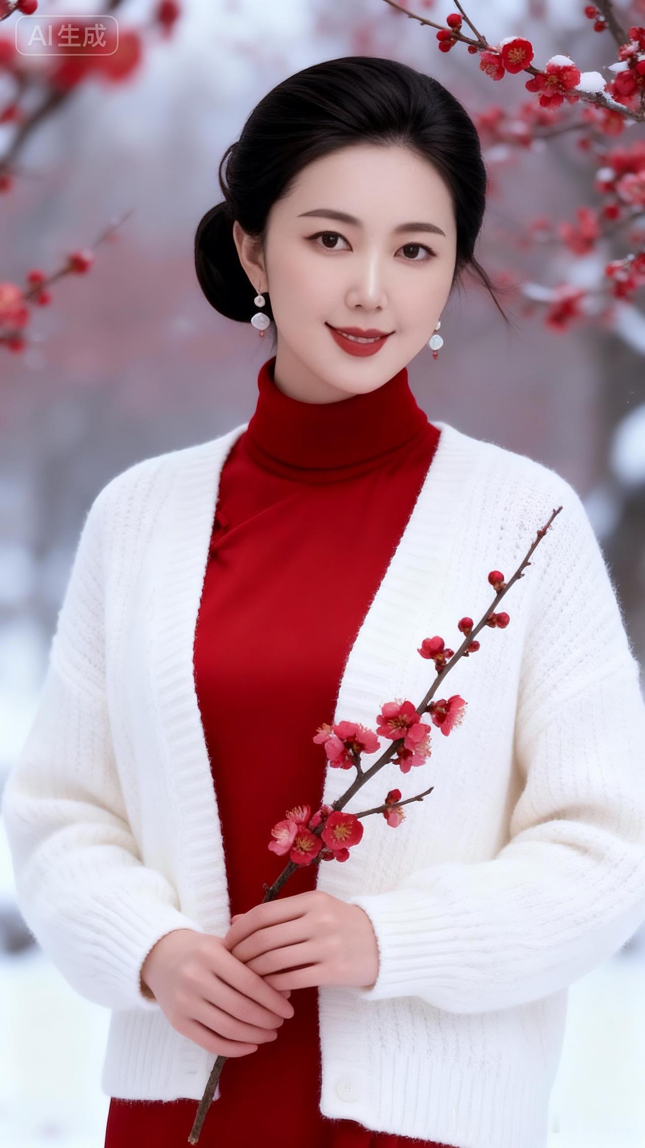 冬日红衣少女，手捧梅花，温婉动人！