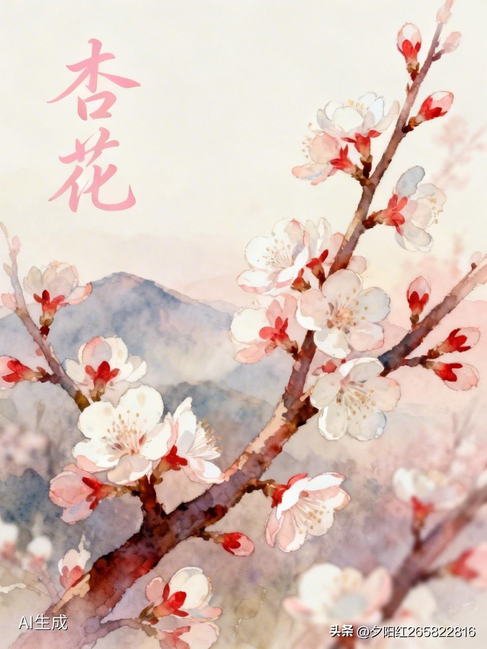 《杏花》
细花迷蒙古岸斜，
淡红浅白缭村夫。
绯桃未放细梅落，
占断风流是此花。