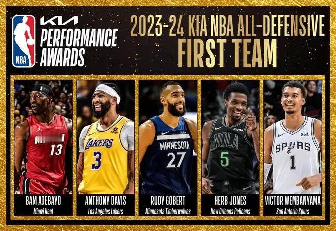 NBA公布了本赛季最佳防守阵容一阵：戈贝尔、戴维斯、文班亚马、阿德巴约、赫伯特-