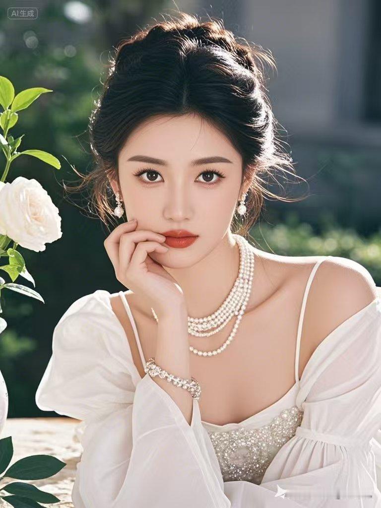 优雅白裙少女，珍珠项链闪耀，玫瑰旁轻抚面庞，梦幻氛围十足。
