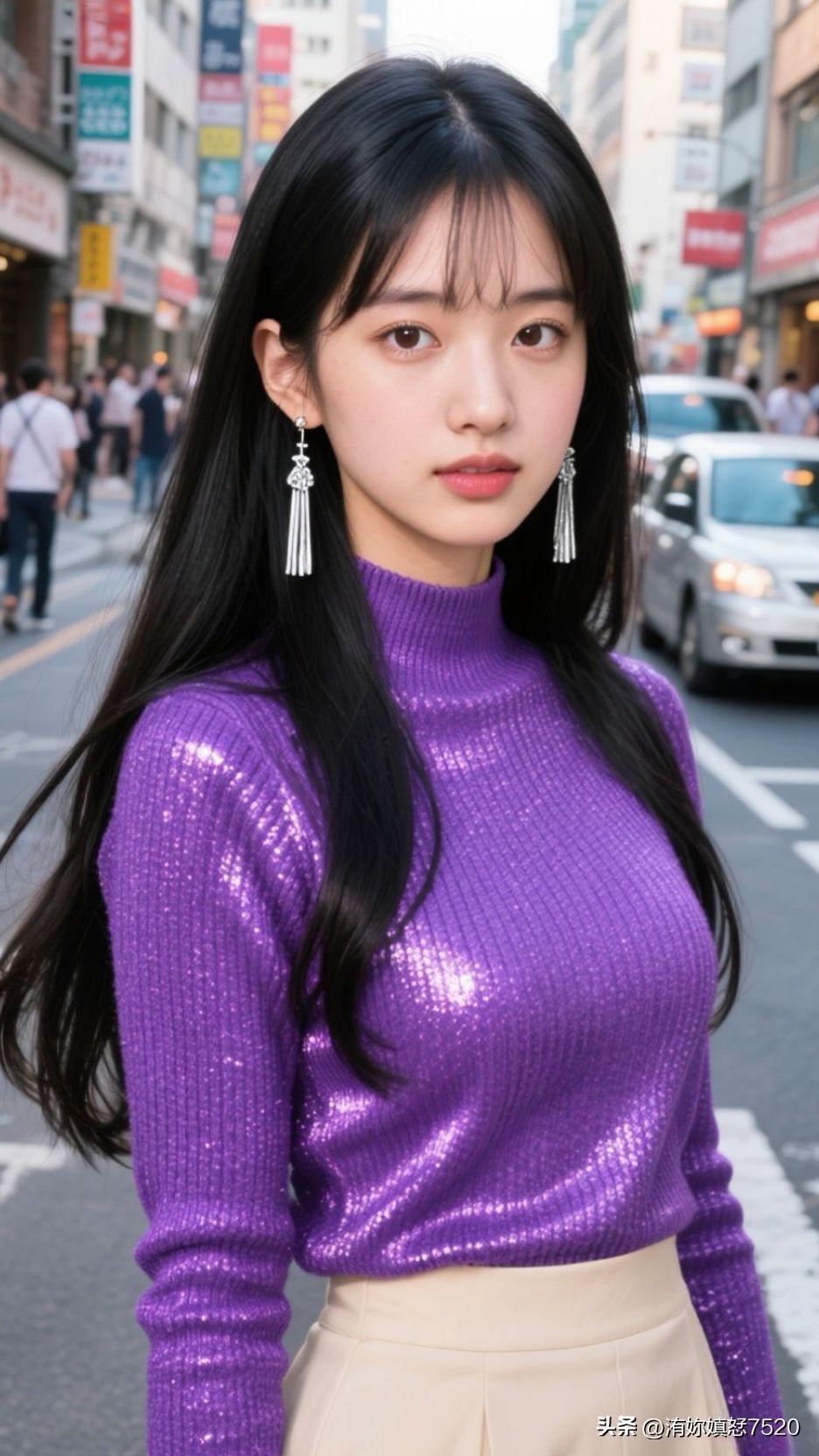 紫色毛衣搭配米色短裙，优雅又时尚！